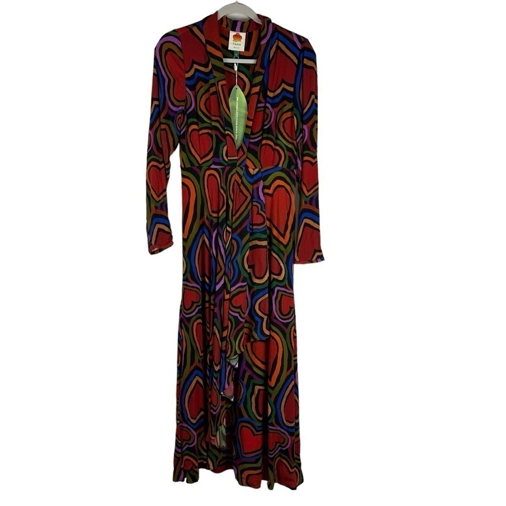 NEW Farm Rio Red Rainbow Wild Hearts Long Sleeve Maxi Dress Size Small